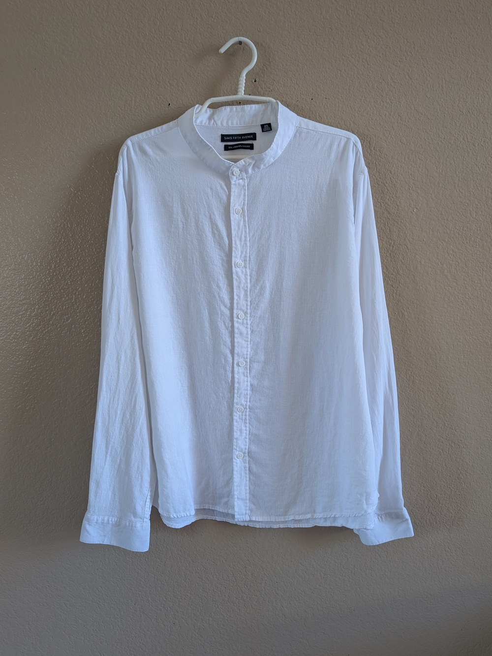 Saks Fifth Avenue White Mens Linen Viscose Band Collar Button-Front Shirt